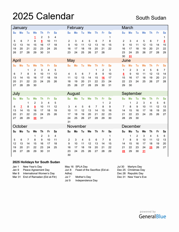 Calendar 2025 with South Sudan Holidays
