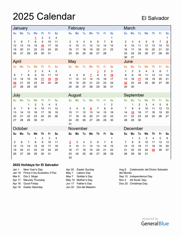 Calendar 2025 with El Salvador Holidays