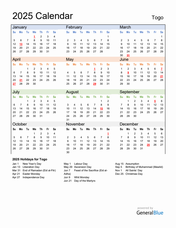 Calendar 2025 with Togo Holidays