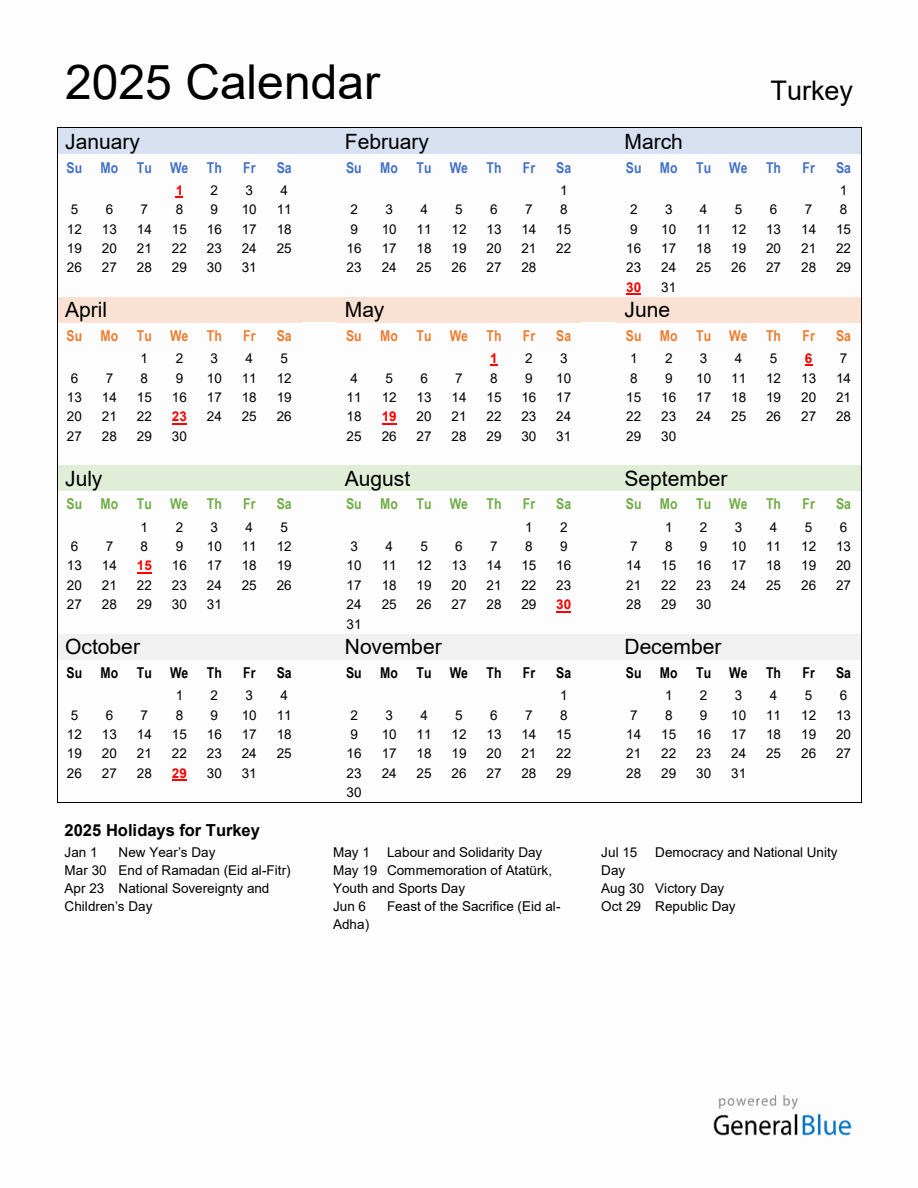 Annual Calendar 2025 with Turkey Holidays