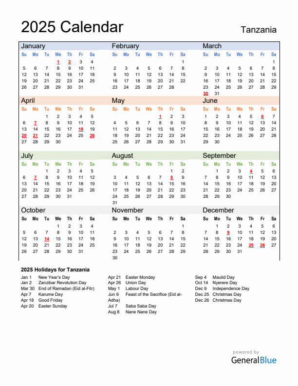 Calendar 2025 with Tanzania Holidays