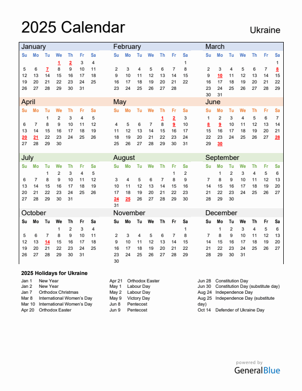Calendar 2025 with Ukraine Holidays