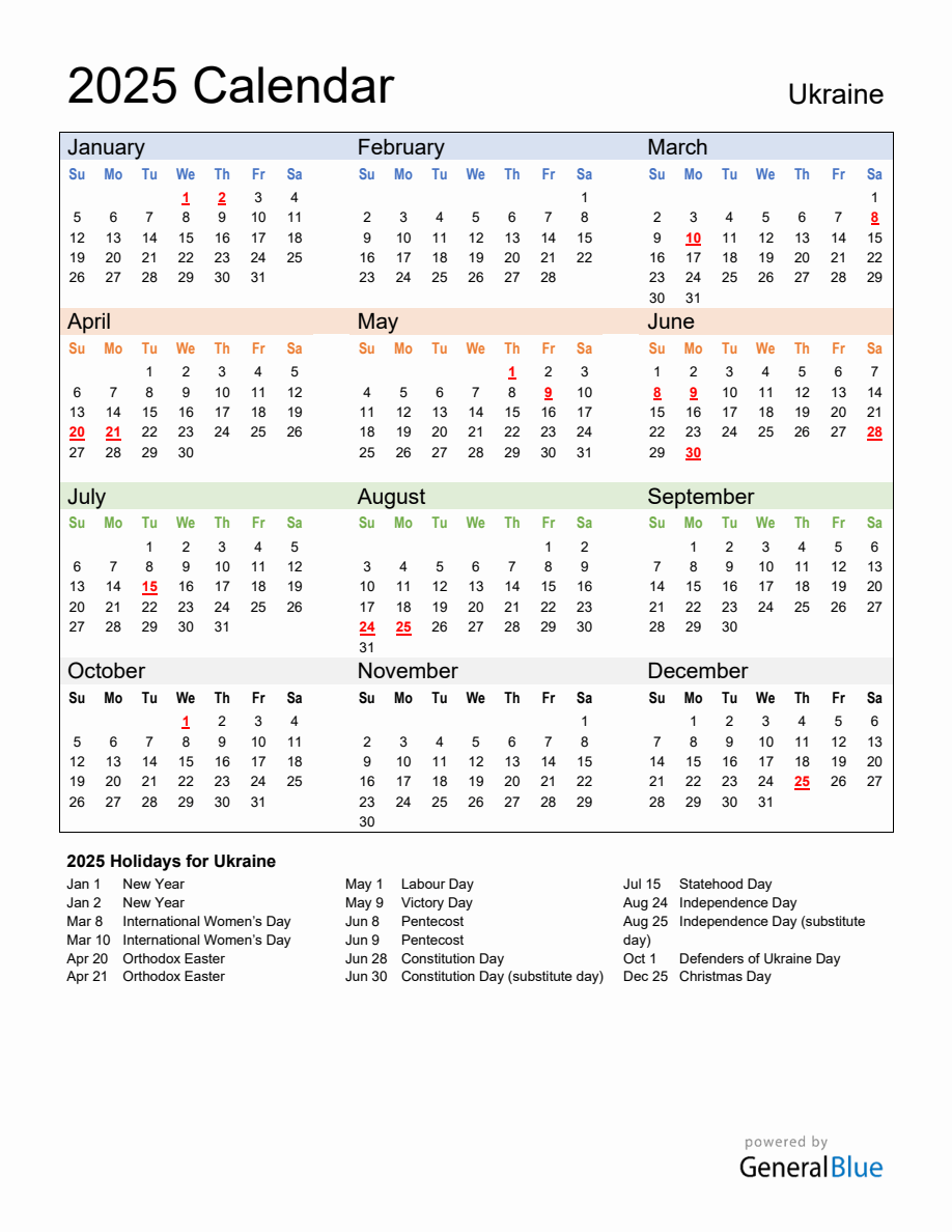 Annual Calendar 2025 with Ukraine Holidays