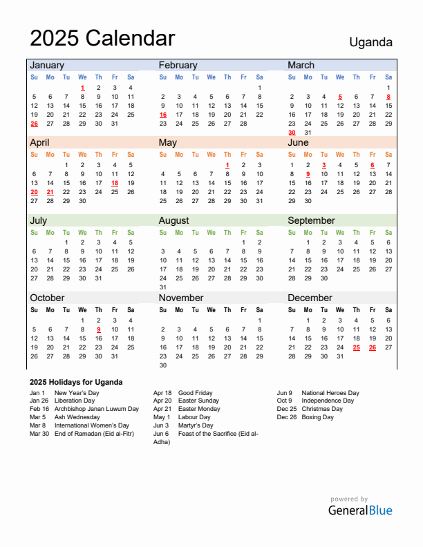Calendar 2025 with Uganda Holidays