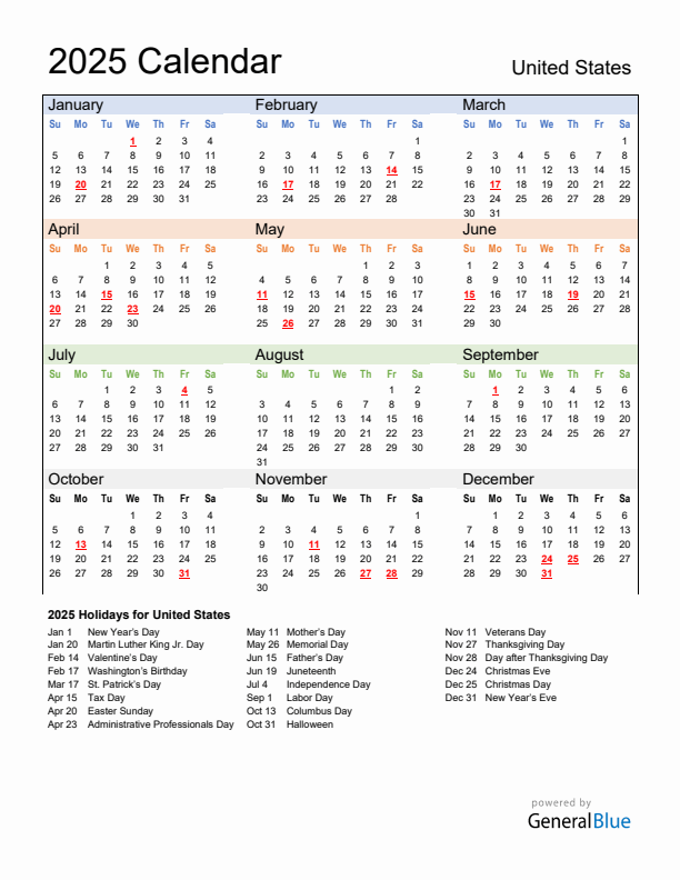 Calendar 2025 with United States Holidays
