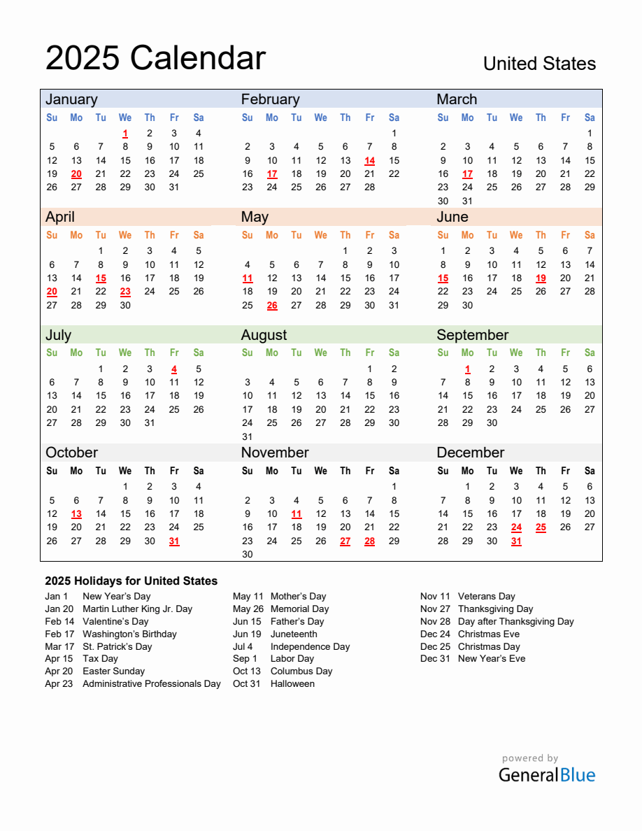 Annual Calendar 2025 with United States Holidays