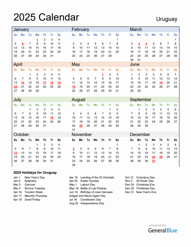 Calendar 2025 with Uruguay Holidays