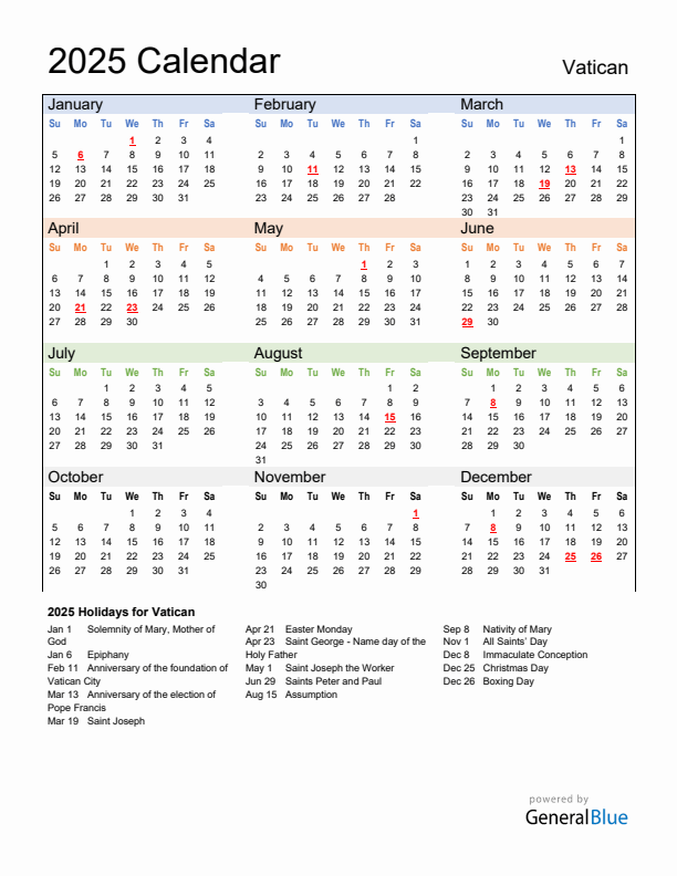 Calendar 2025 with Vatican Holidays