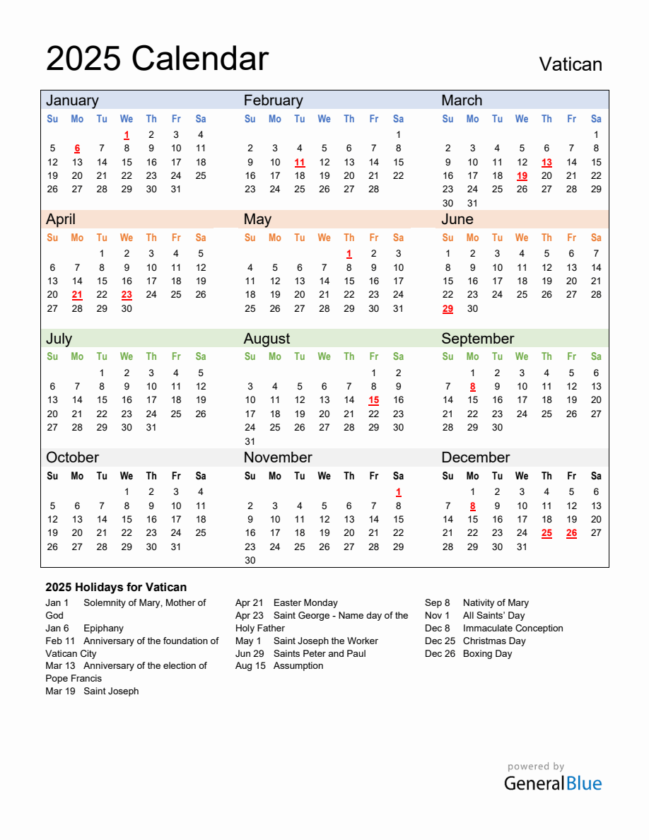 Annual Calendar 2025 with Vatican Holidays