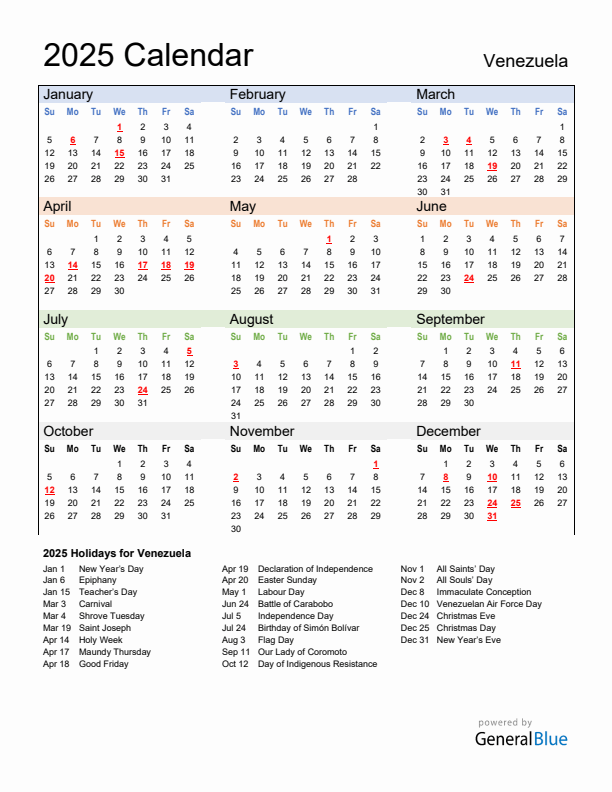Calendar 2025 with Venezuela Holidays