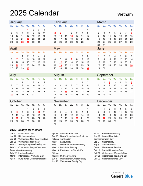 Calendar 2025 with Vietnam Holidays