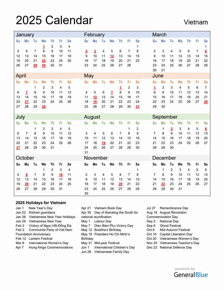 Annual Calendar 2025 with Vietnam Holidays