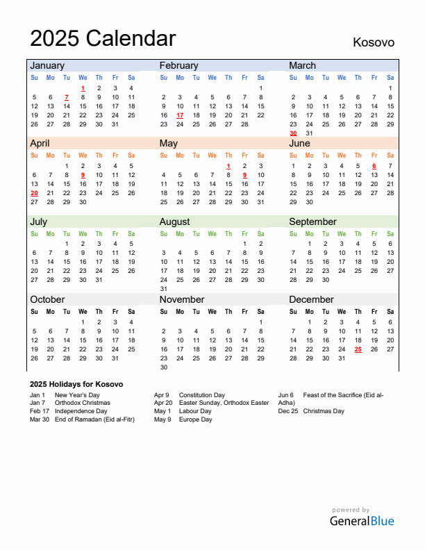 Calendar 2025 with Kosovo Holidays