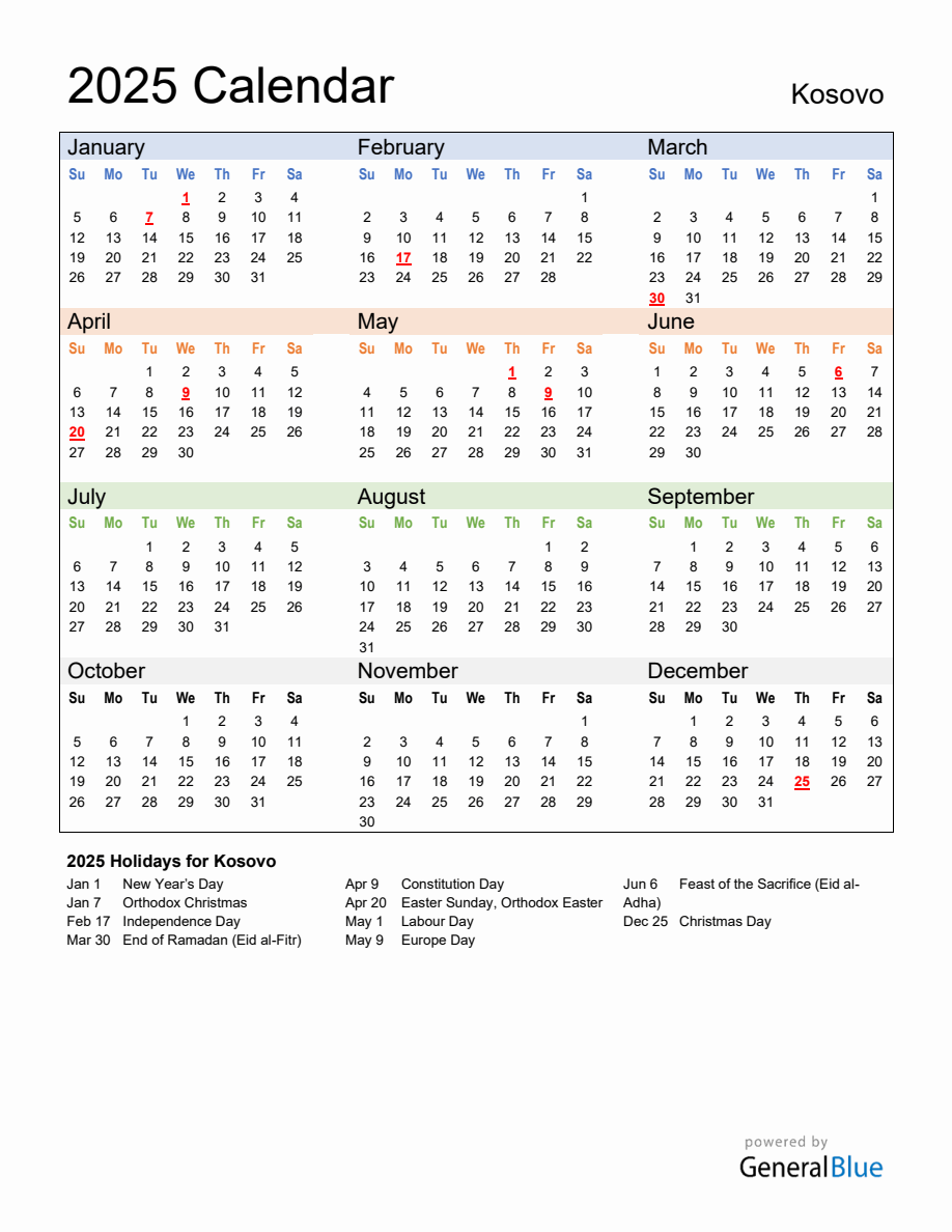 Annual Calendar 2025 with Kosovo Holidays