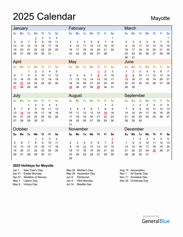 Calendar 2025 with Mayotte Holidays