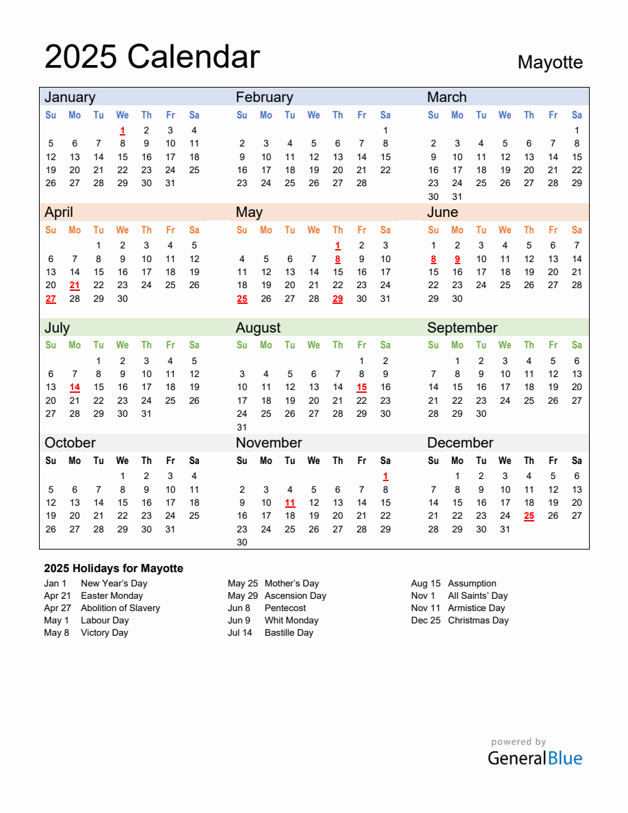 Annual Calendar 2025 with Mayotte Holidays