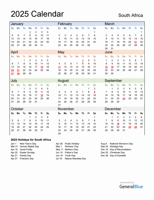 2025 Calendar With Holidays South Africa 