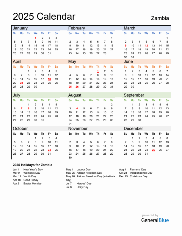Calendar 2025 with Zambia Holidays