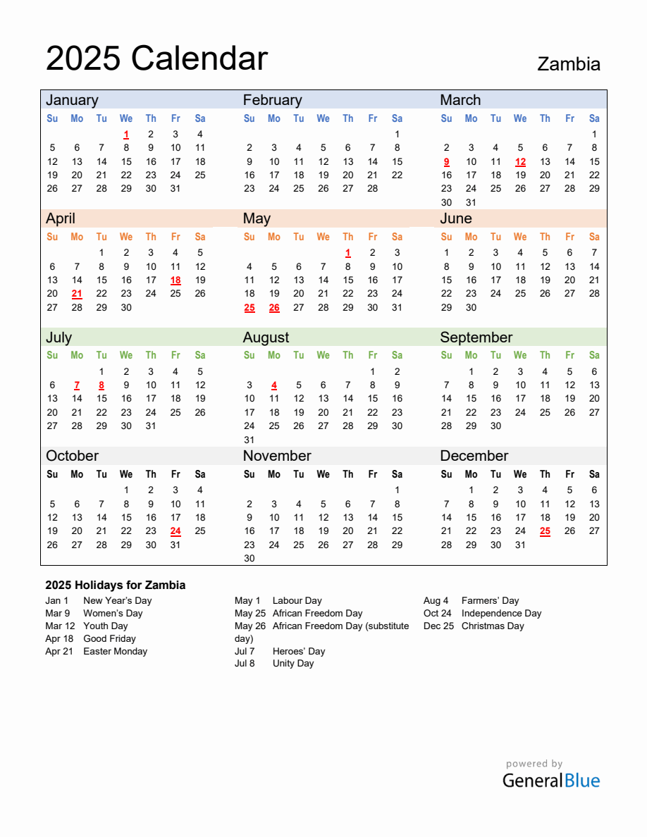 Annual Calendar 2025 with Zambia Holidays