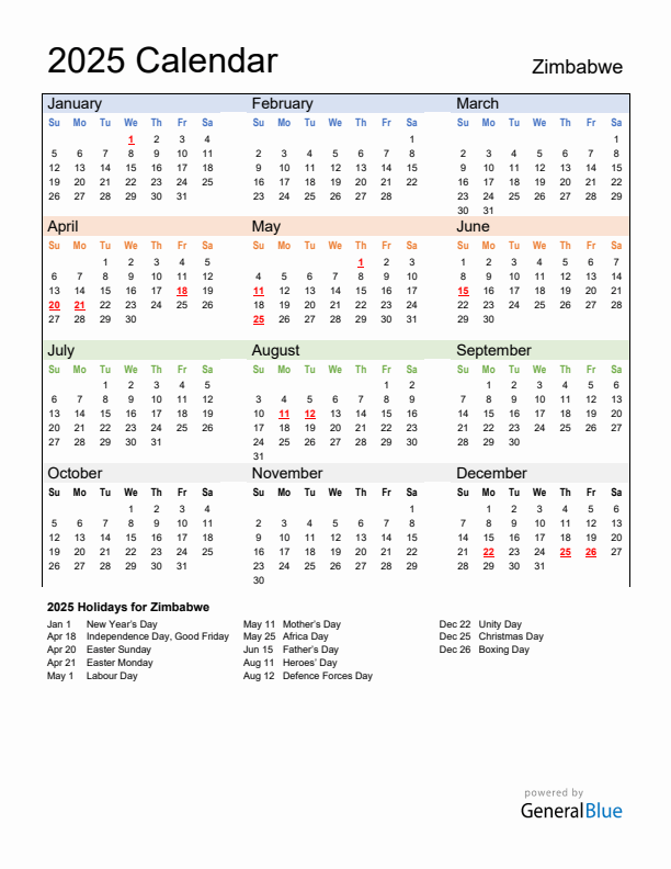 Calendar 2025 with Zimbabwe Holidays