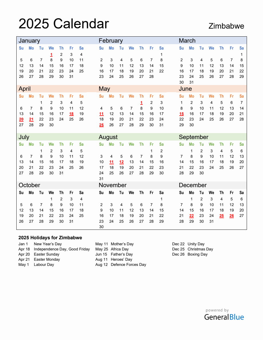 Annual Calendar 2025 with Zimbabwe Holidays