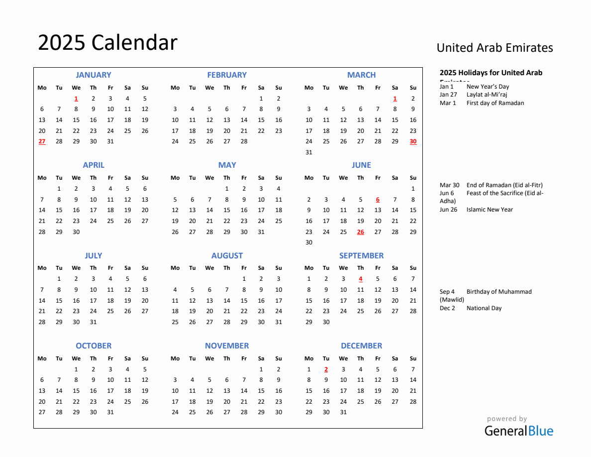 2025 Calendar with Holidays for United Arab Emirates