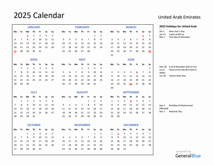 2025 Calendar with Holidays for United Arab Emirates