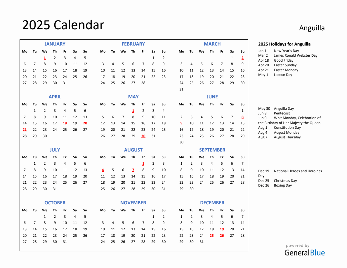 2025 Calendar with Holidays for Anguilla