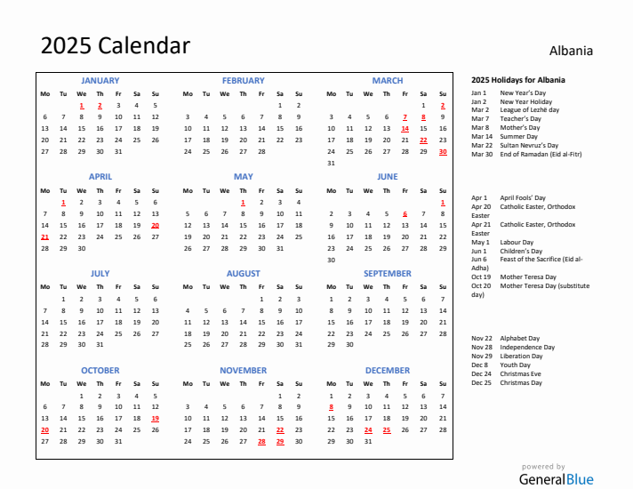 2025 Calendar with Holidays for Albania