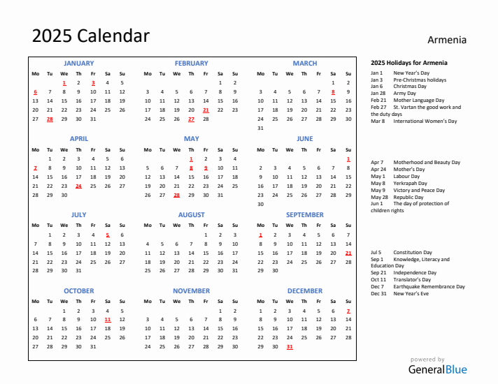 2025 Calendar with Holidays for Armenia