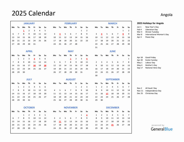 2025 Calendar with Holidays for Angola