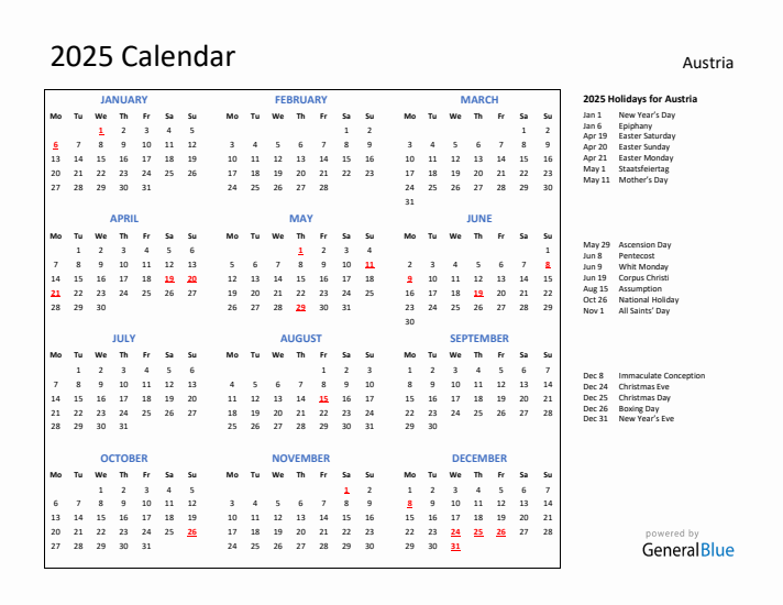 2025 Calendar with Holidays for Austria
