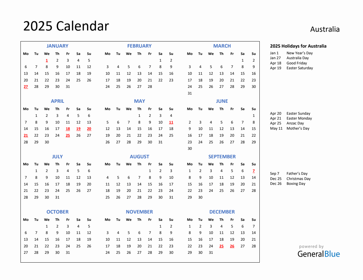 2025 Calendar with Holidays for Australia