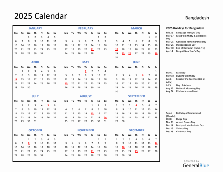 2025 Calendar with Holidays for Bangladesh