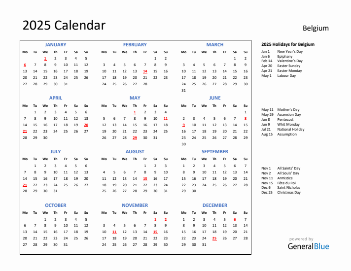 2025 Calendar with Holidays for Belgium