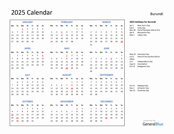 2025 Calendar with Holidays for Burundi