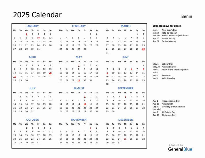 2025 Calendar with Holidays for Benin