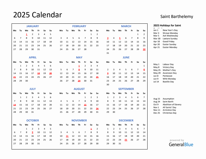 2025 Calendar with Holidays for Saint Barthelemy