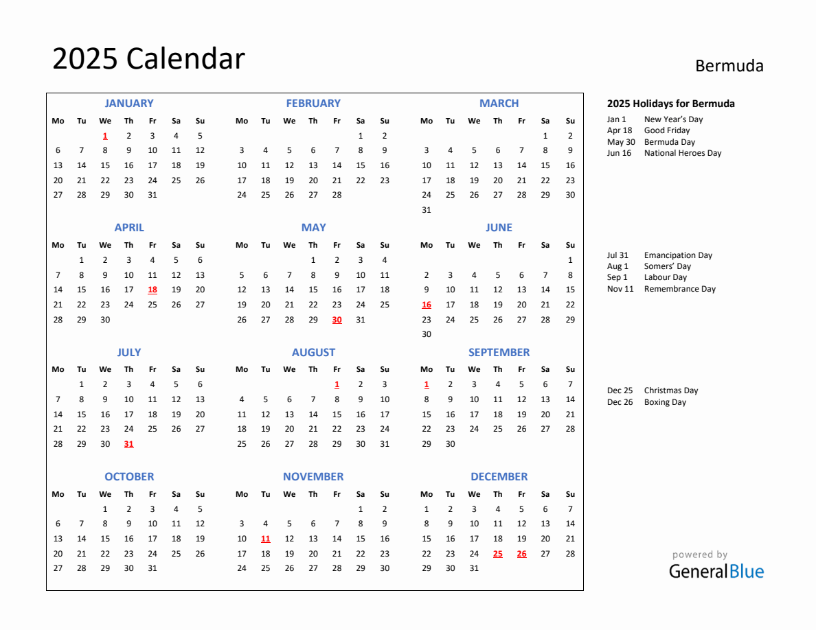 2025 Calendar with Holidays for Bermuda