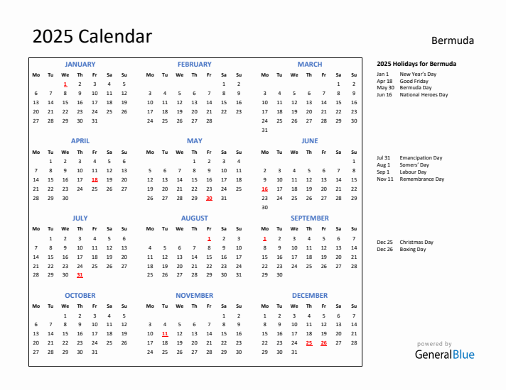 2025 Calendar with Holidays for Bermuda