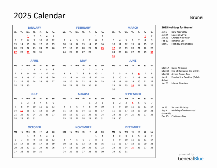 2025 Calendar with Holidays for Brunei
