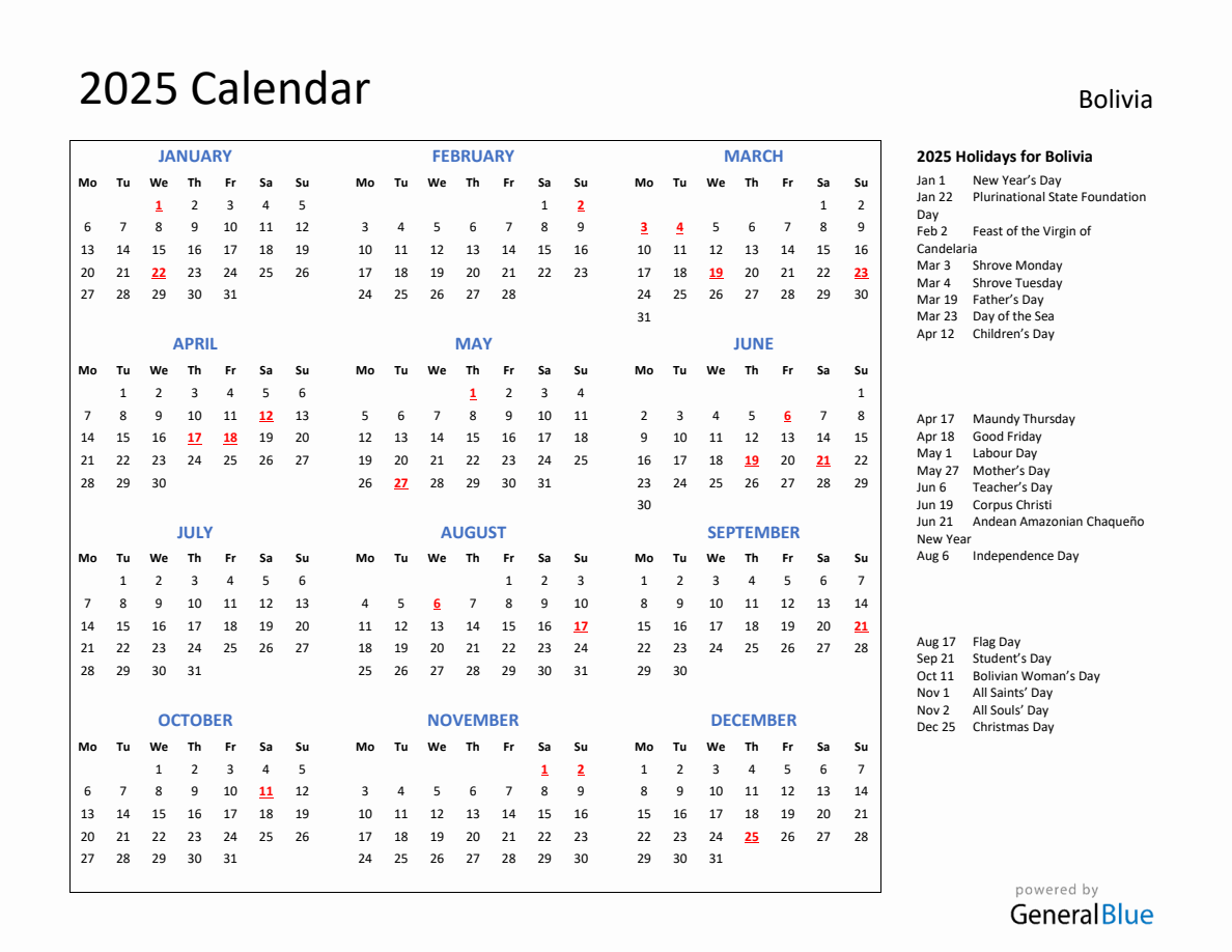 2025 Calendar with Holidays for Bolivia