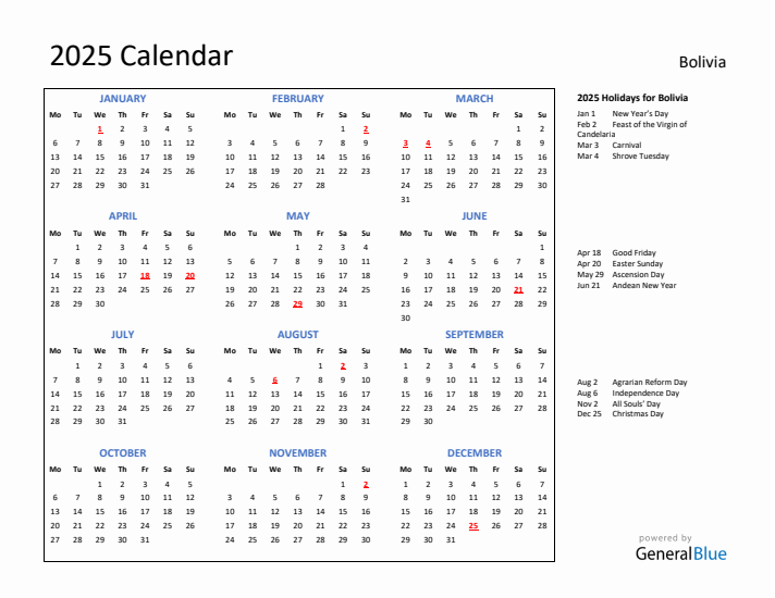 2025 Calendar with Holidays for Bolivia