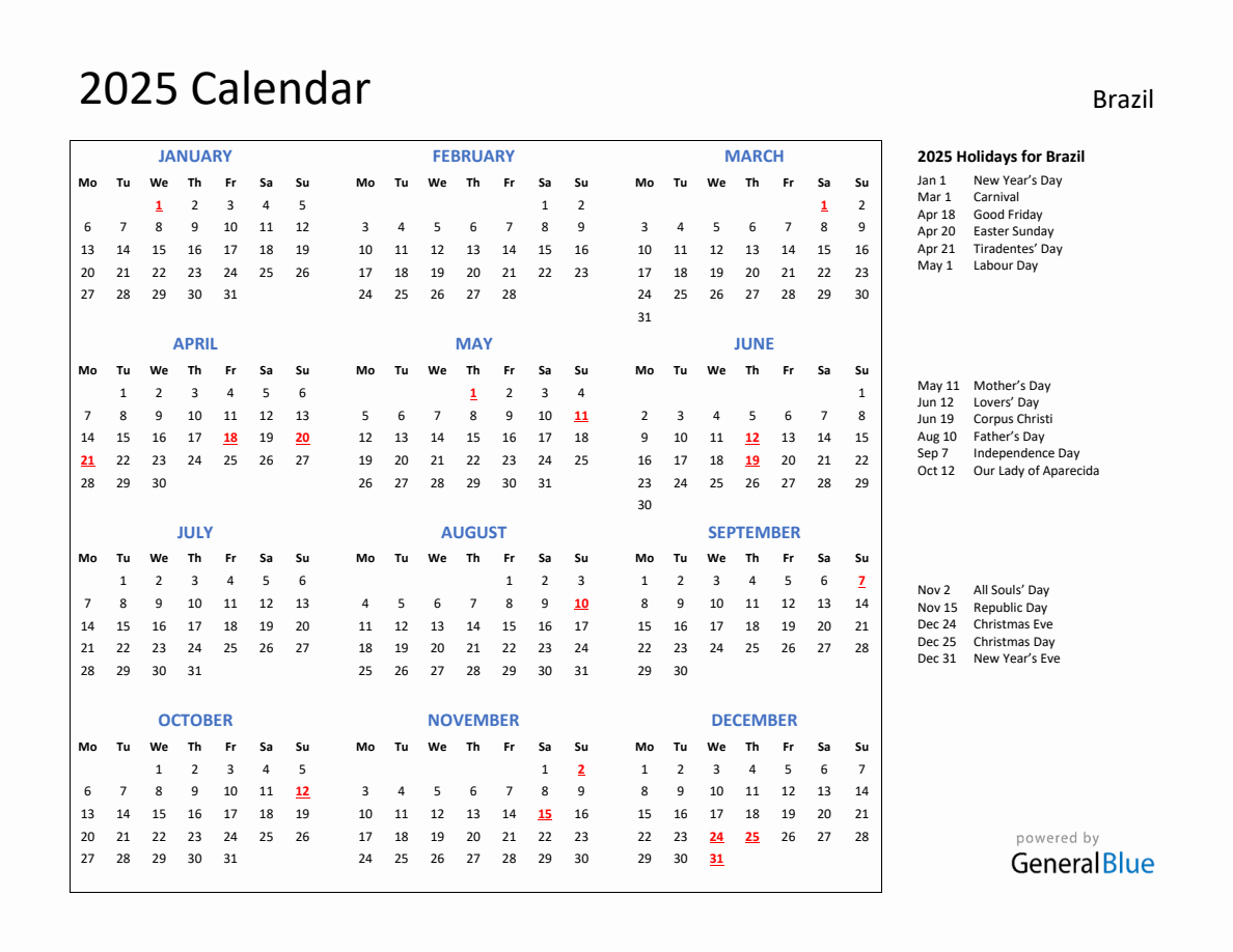 2025 Calendar with Holidays for Brazil