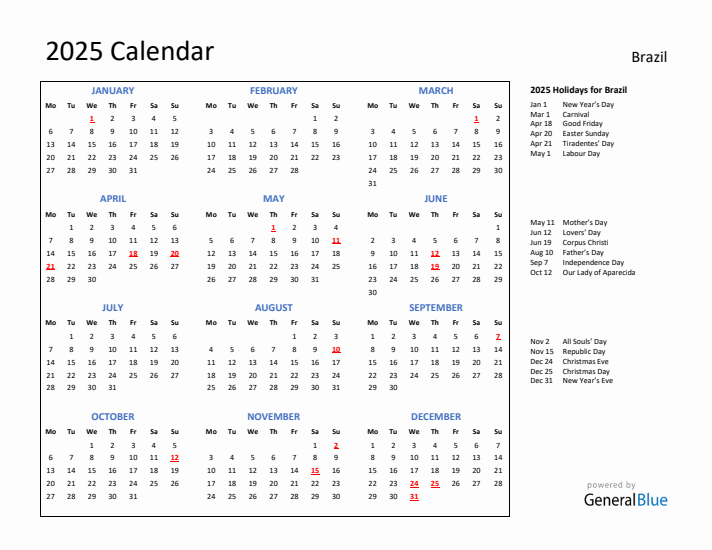 2025 Calendar with Holidays for Brazil