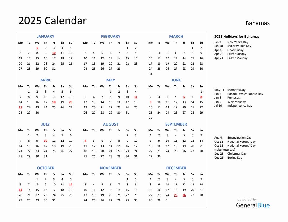2025 Calendar with Holidays for Bahamas