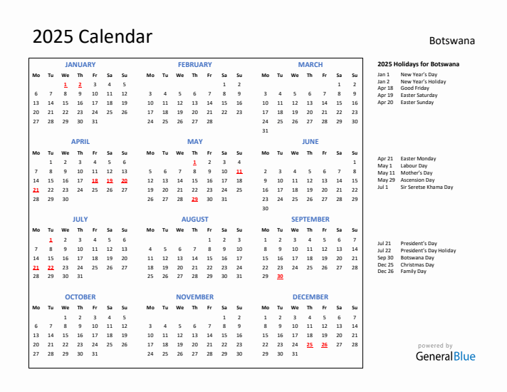 2025 Calendar with Holidays for Botswana