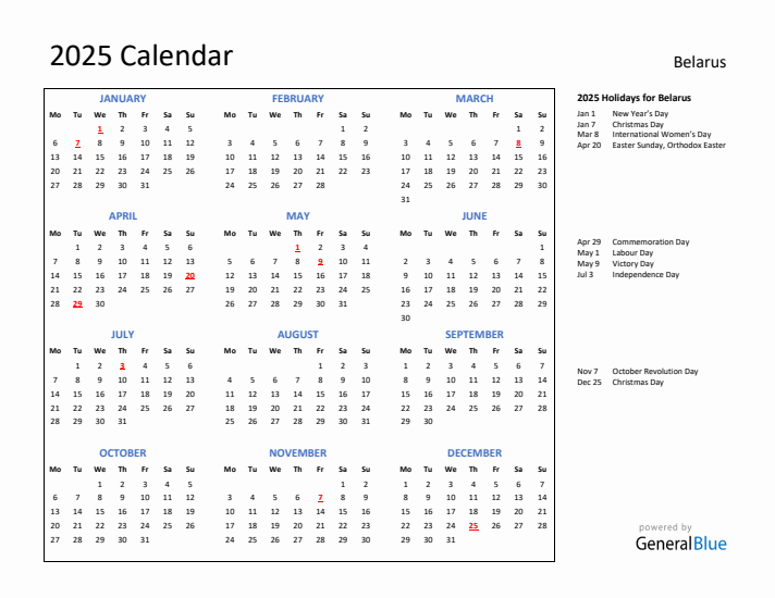 2025 Calendar with Holidays for Belarus