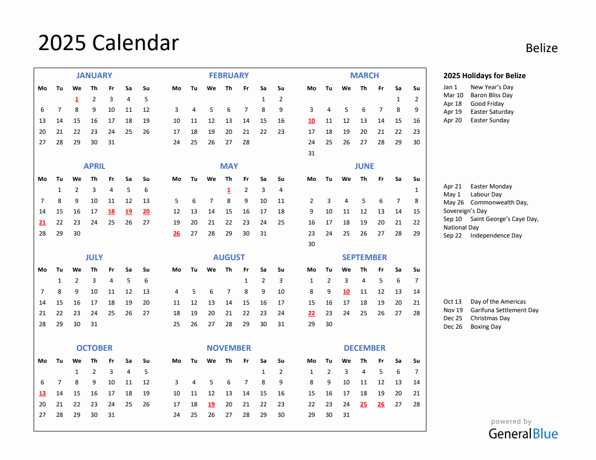 2025 Calendar with Holidays for Belize