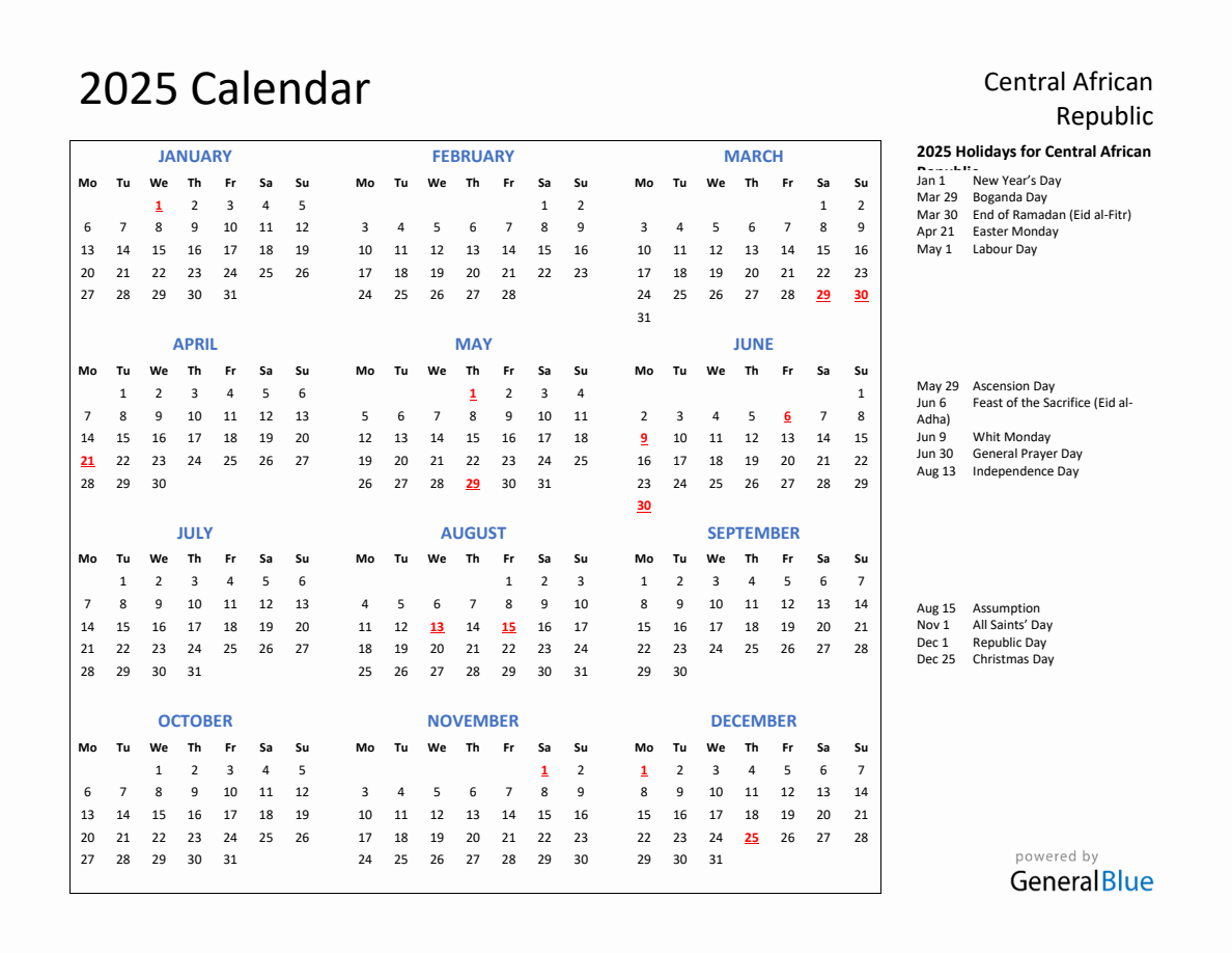 2025 Calendar with Holidays for Central African Republic